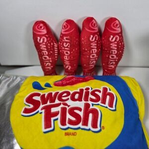 Swedish Fish Candy Package Plush Pillow Set with 4 Removable Fish 12x18 Red Blue